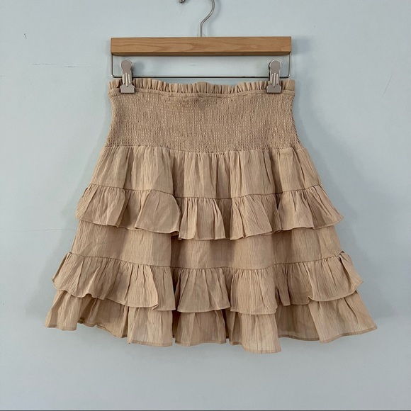 Anthropologie Free the Roses Tan Tiered Ruffle Smocked Waist Boho Mini Skirt - Picture 3 of 5